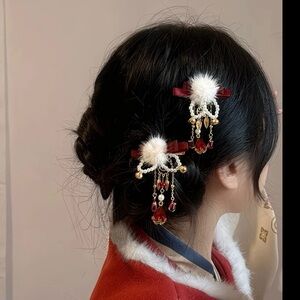 Brand New Red Winter Fuzzy Ball Hair Bow Clips With Dangly Accessories Decor